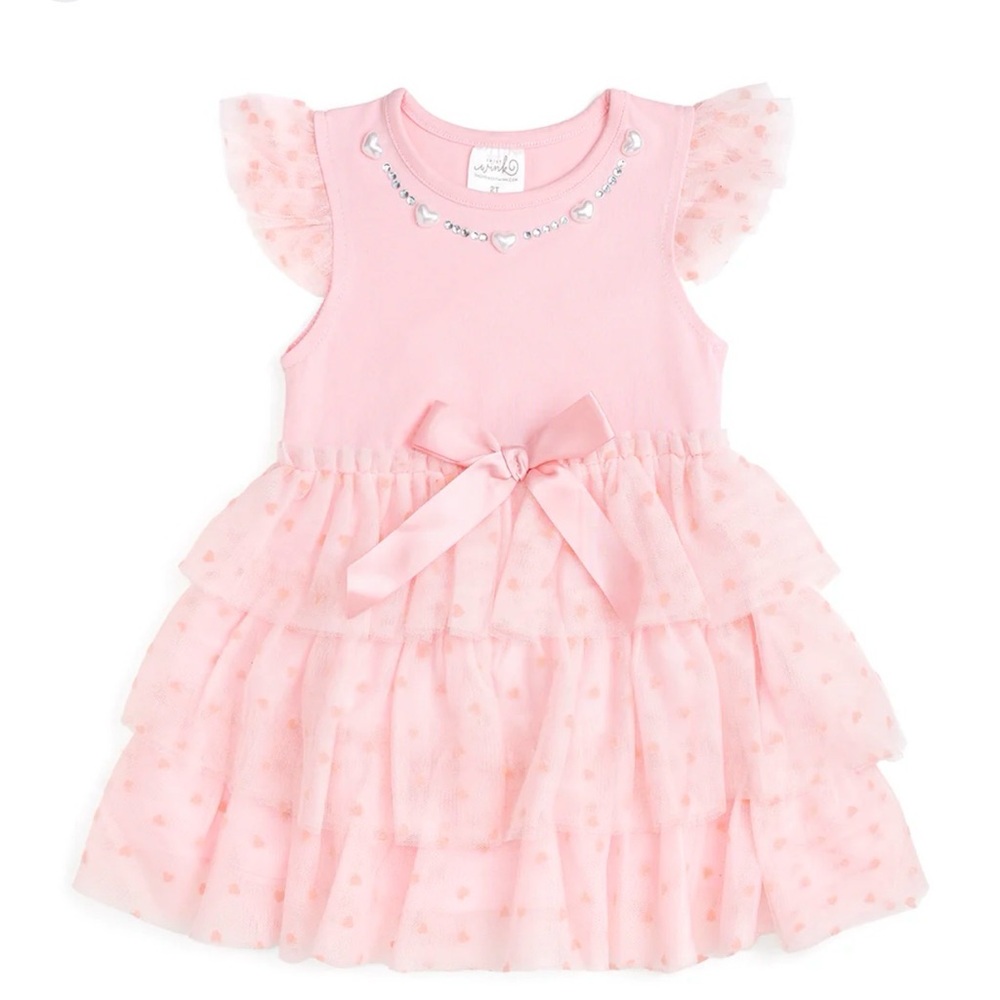 Sweet wink flocked heart tiered short sleeve tutu dress 2t